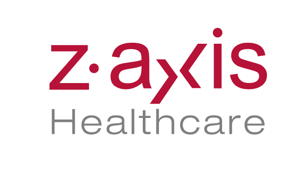 A red and white logo for z-axis healthcare.